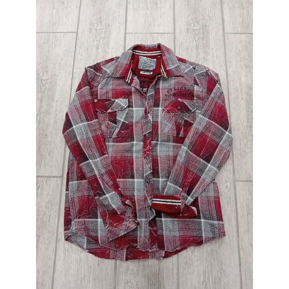 Affliction motorcycles The Buckle Embroidered Snap Up Shirt Mens L red gray blk - Picture 1 of 5